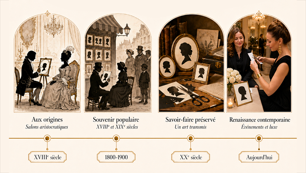 Illustration d'un silhouettiste réalisant un portrait dans un salon aristocratique au XVIIIe siècle